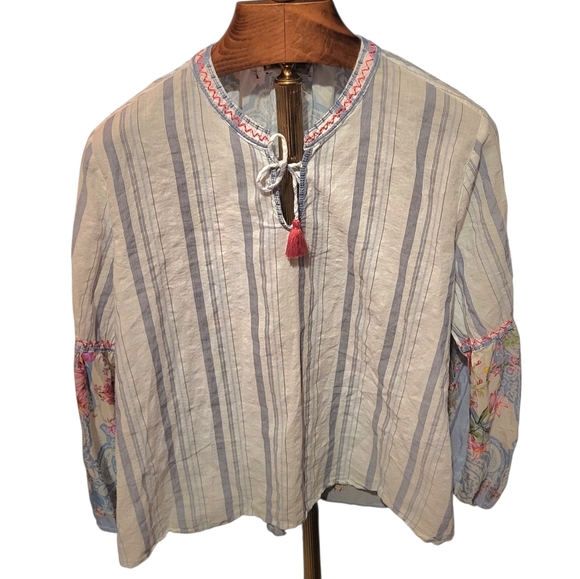 Johnny Was Effortless Striped Puff-Sleeve Peasant Blouse Floral Size Large - Picture 2 of 9